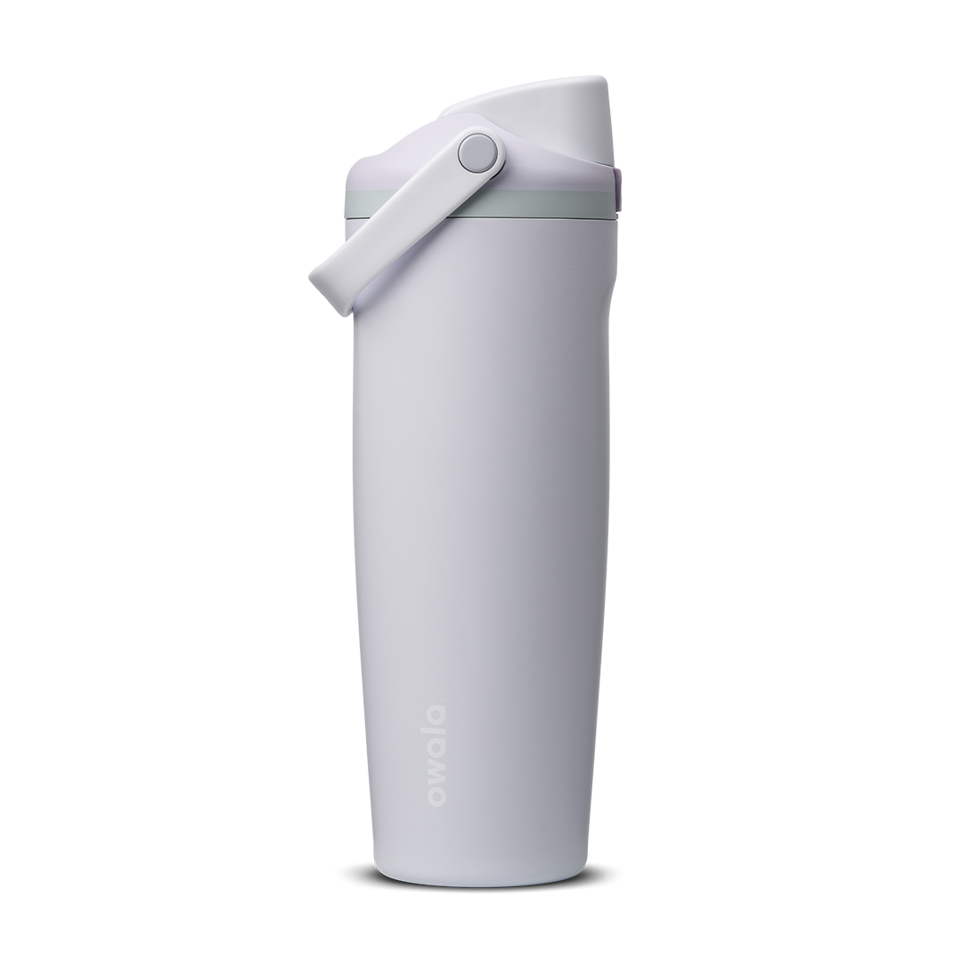 FreeSip Sway 30oz in Open Air, pale lavender-grey insulated water bottle with matching lavender flip cap and carry loop, sage green lid accent ring, lid open