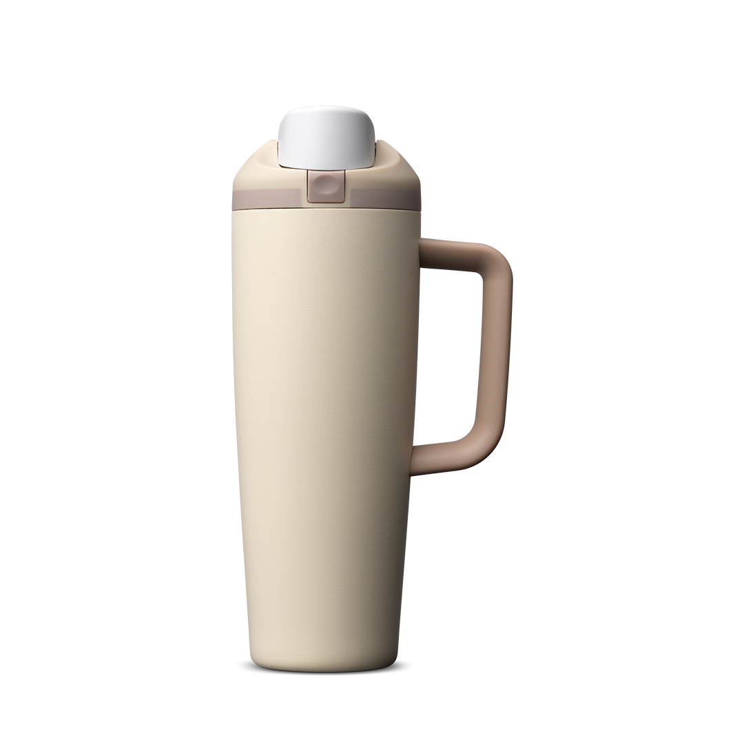 FreeSip Tumbler 30oz, cream/off-white body with matching white lid and handle