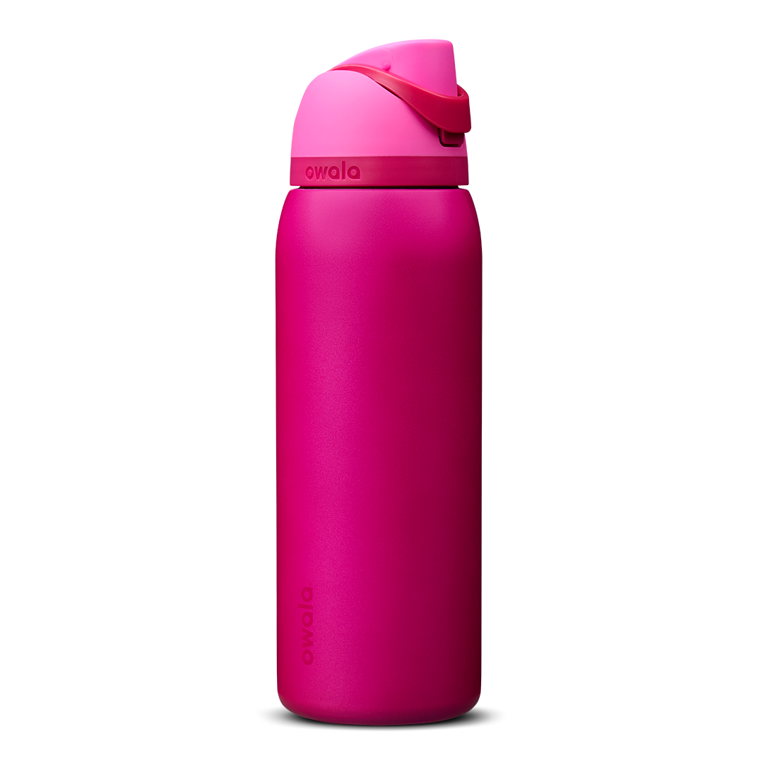 Owala FreeSip 40oz in Read My Lips, deep magenta pink insulated bottle with bright hot pink flip cap and carry loop