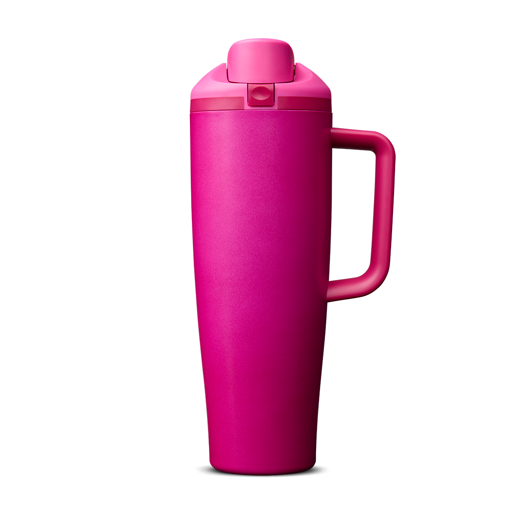 FreeSip Tumbler 40oz Read My Lips, vivid hot pink/magenta body with matching bright pink lid and handle