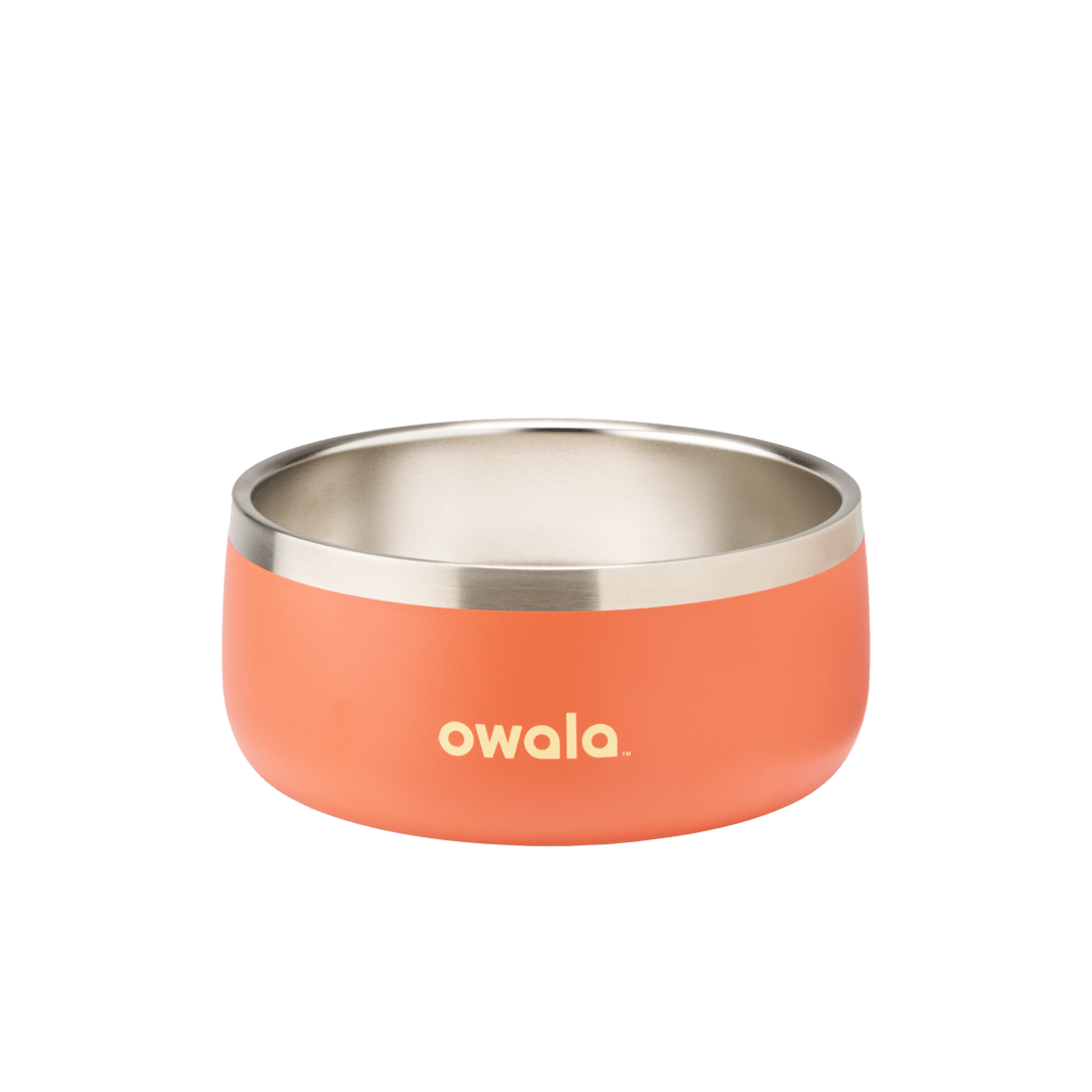 Pet Bowl 3-cup in Trailside Tricks; matte coral orange cup exterior with stainless steel interior rim and cream Owala logo on front