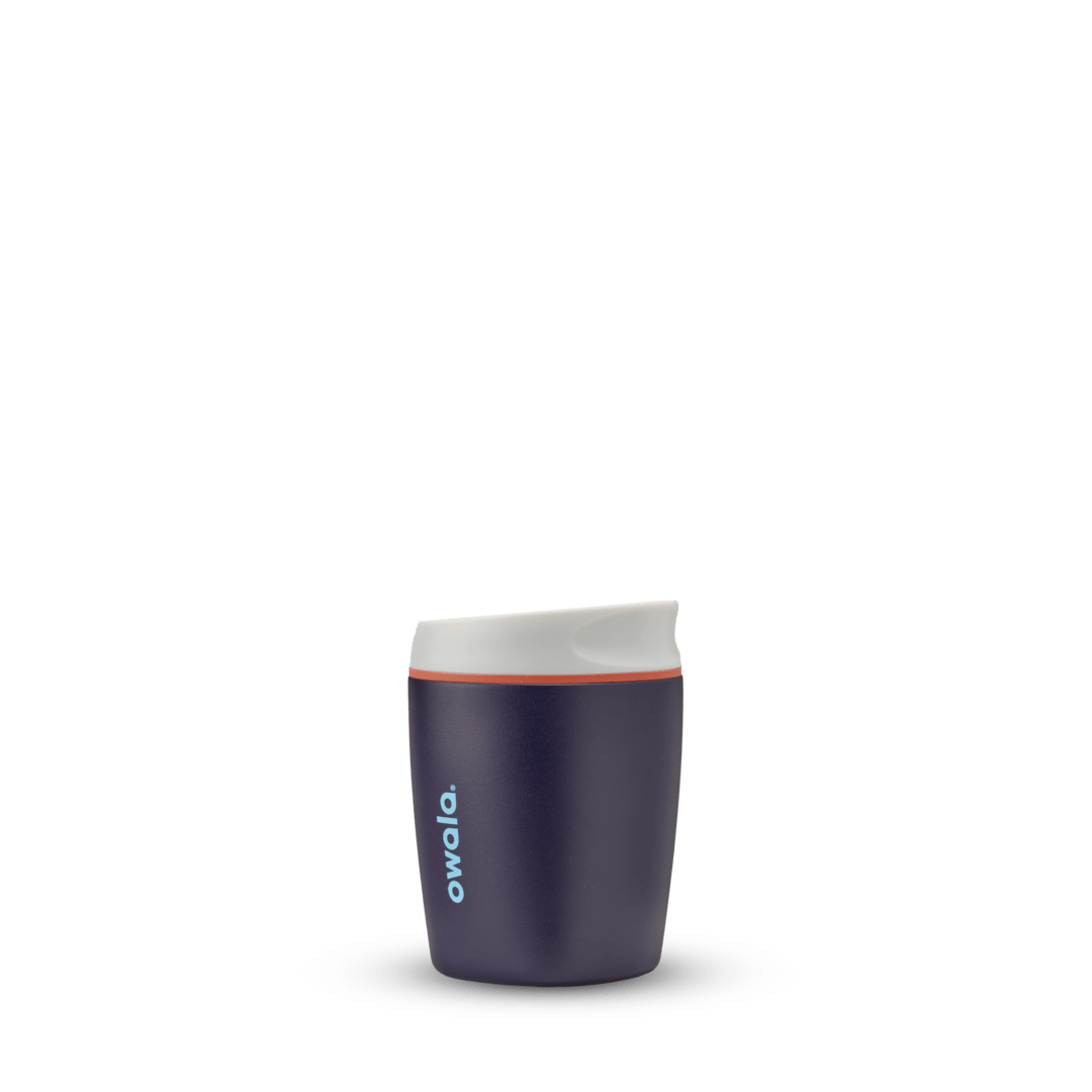 SmoothSip 10oz in Telescope Tales, deep eggplant purple body with off-white cream flip-style lid, orange accent ring, and bright cyan blue Owala logo