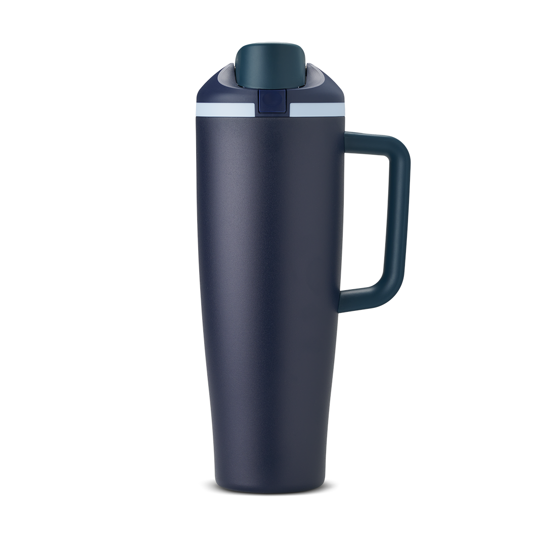 FreeSip Tumbler 40oz Sea Captain, dark navy body with teal lid, silver accent ring, and teal handle