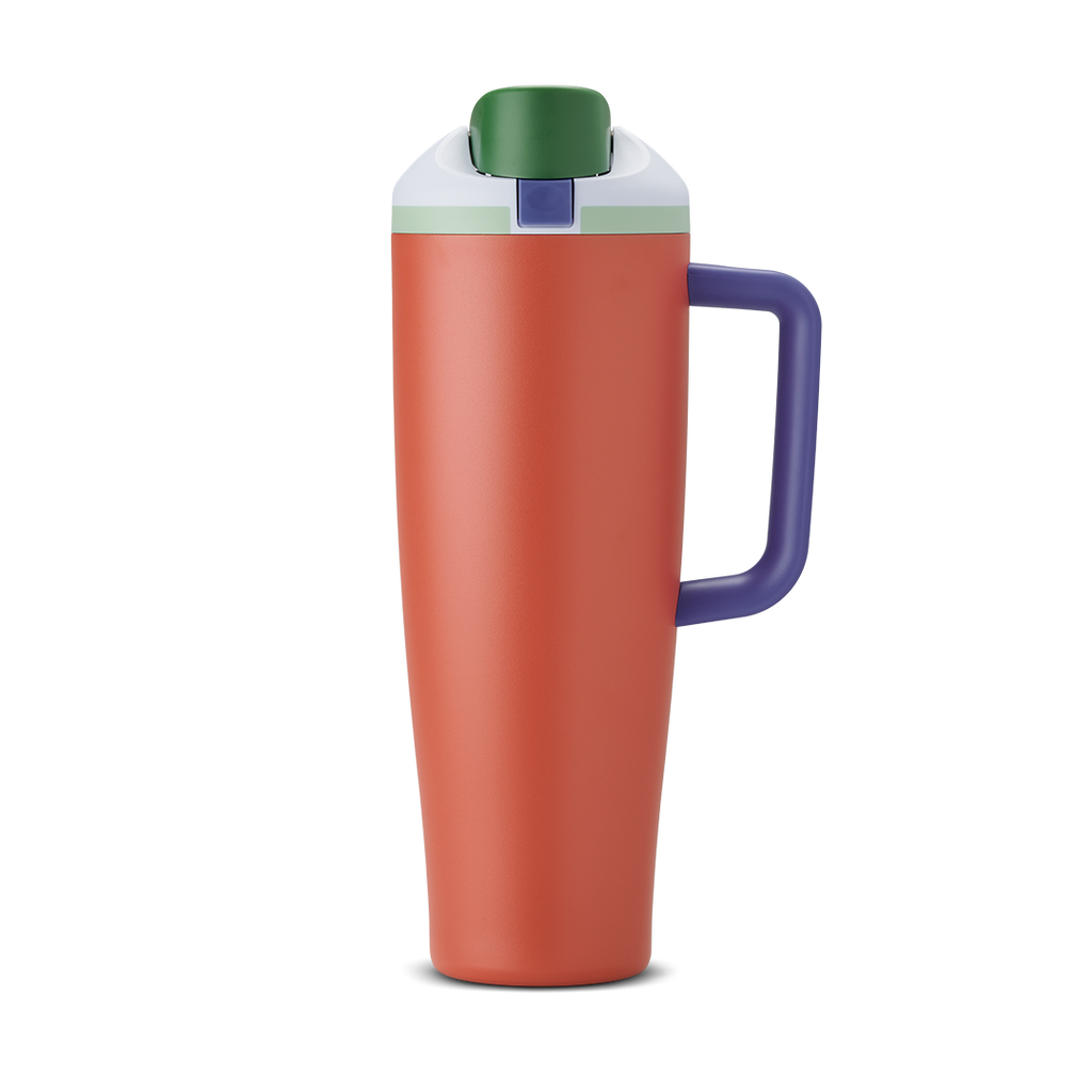 FreeSip Tumbler 40oz Summer Harvest, burnt orange/terracotta body with white flip cap, green accent, and purple handle