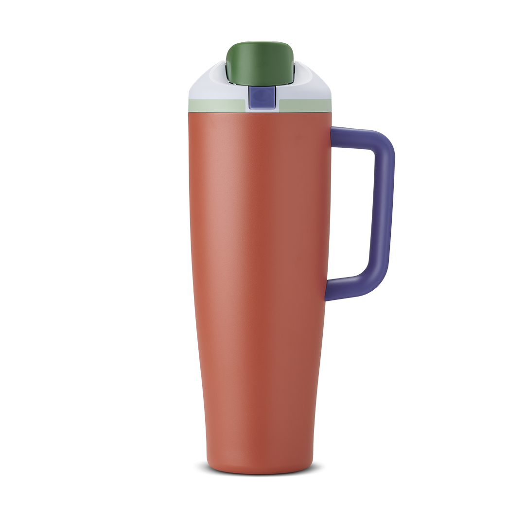 FreeSip Tumbler 40oz Summer Harvest, burnt orange/terracotta body with white flip cap, green accent, and purple handle