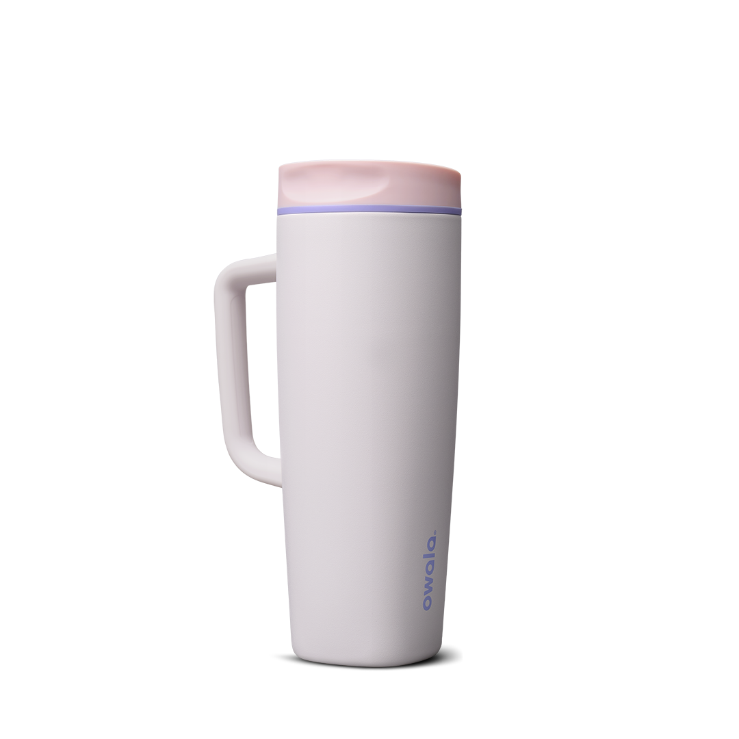 SmoothSip Slider with Handle 24oz in Candy Coated (Ceramic), pale lavender-white body with pink slider lid and violet accent ring