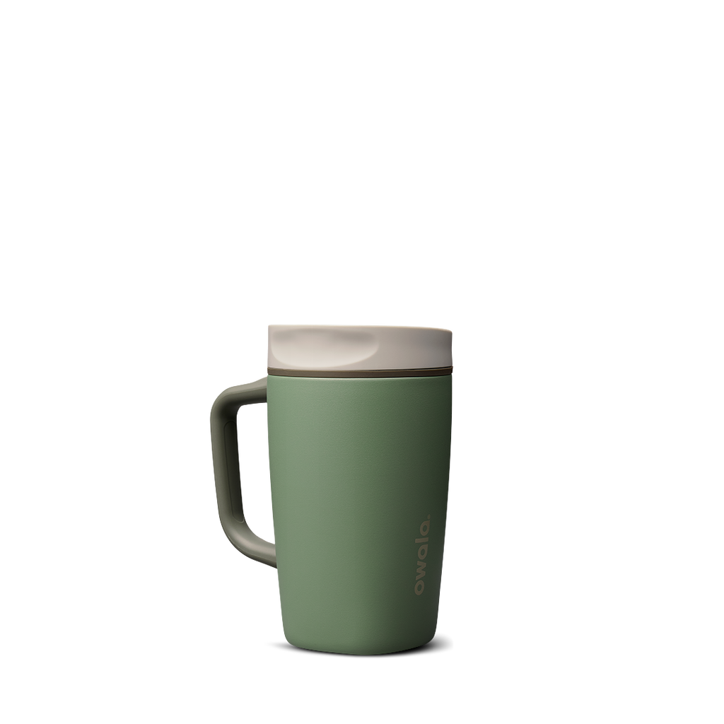 SmoothSip Slider with Handle 12oz in Green House (Ceramic), muted sage green body with cream off-white slider lid and sage green handle