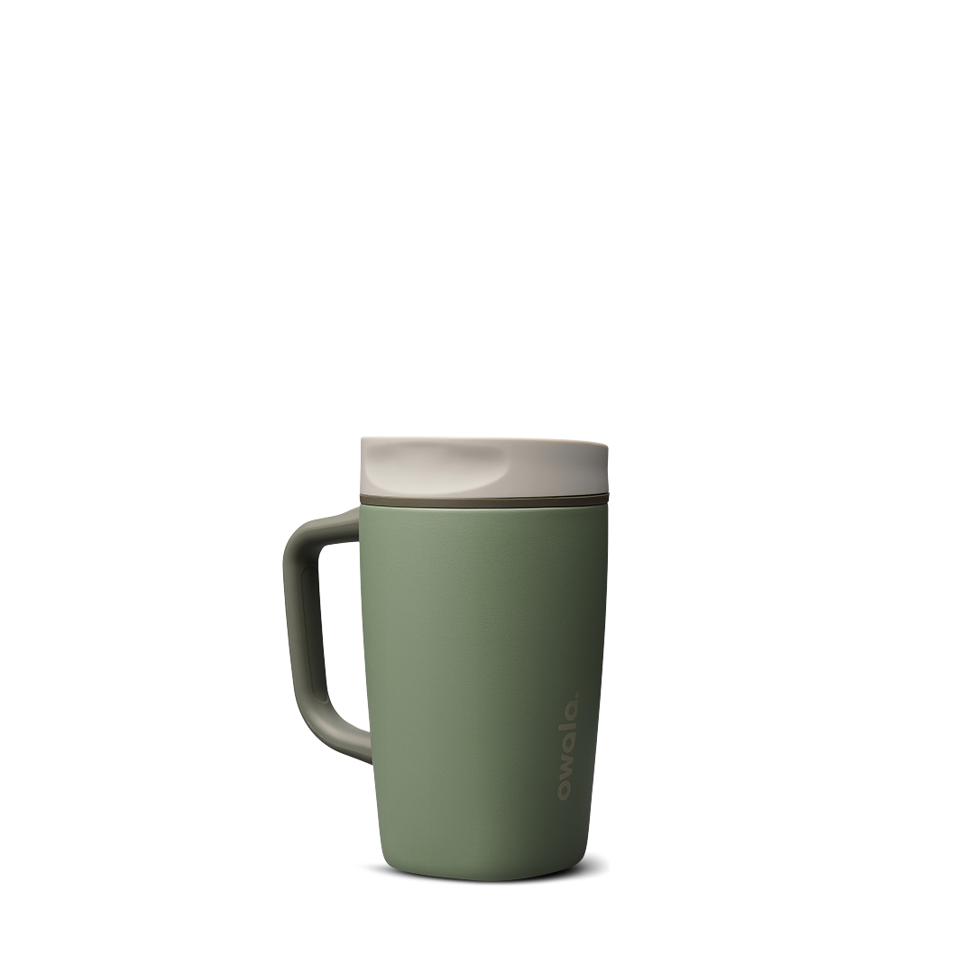 SmoothSip Slider with Handle 12oz in Green House (Ceramic), muted sage green body with cream off-white slider lid and sage green handle