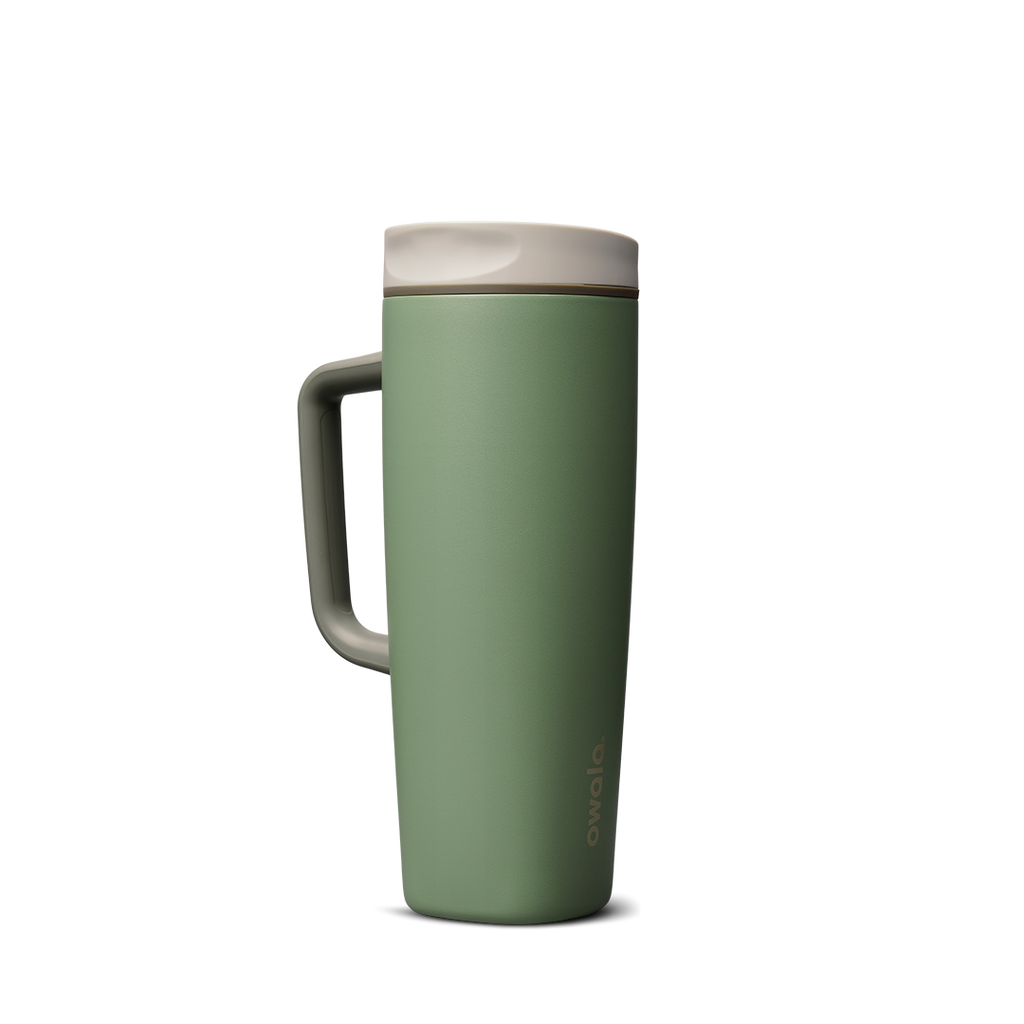 SmoothSip Slider with Handle 24oz in Green House (Ceramic), muted sage green body with cream off-white slider lid and sage green handle