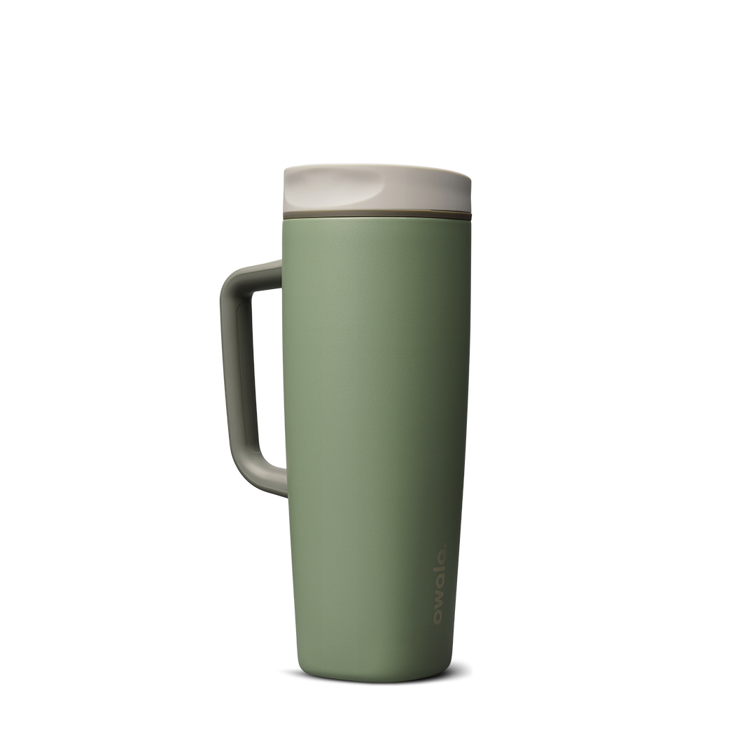 SmoothSip Slider with Handle 24oz in Green House (Ceramic), muted sage green body with cream off-white slider lid and sage green handle
