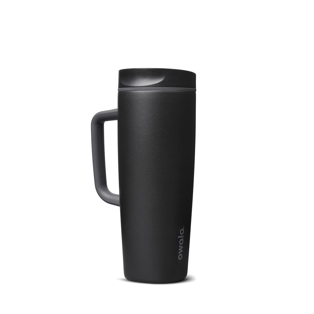 SmoothSip Slider with Handle 24oz in Very, Very Dark (Ceramic), matte black body with dark slider lid and black handle