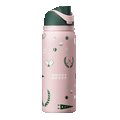 FreeSip 32oz Country Club; rotating view of light pink body with tennis and country club themed print featuring rackets, tennis balls, laurel wreaths, pennants, and houndstooth motifs in dark green and white, with dark green flip cap, light pink carry loop, and light pink lid