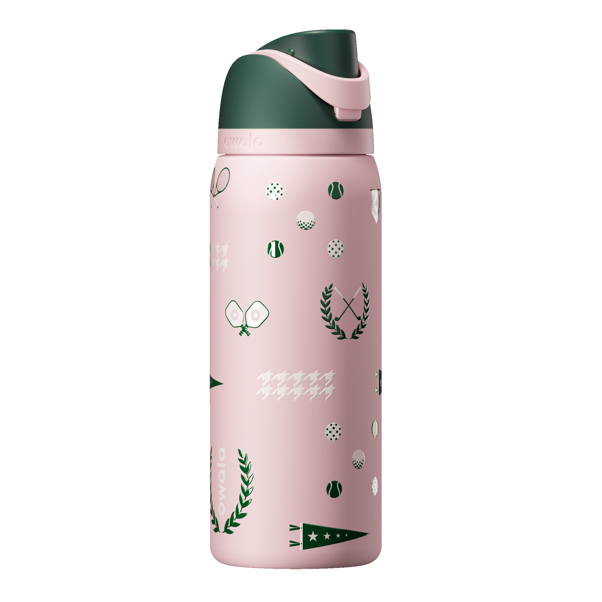 FreeSip 32oz Country Club; rotating view of light pink body with tennis and country club themed print featuring rackets, tennis balls, laurel wreaths, pennants, and houndstooth motifs in dark green and white, with dark green flip cap, light pink carry loop, and light pink lid