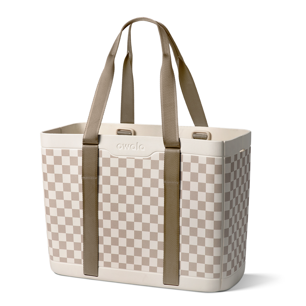 Sun-Day Collapsible Tote in Checkin' In, cream and tan checkerboard pattern tote bag with tan carry handles