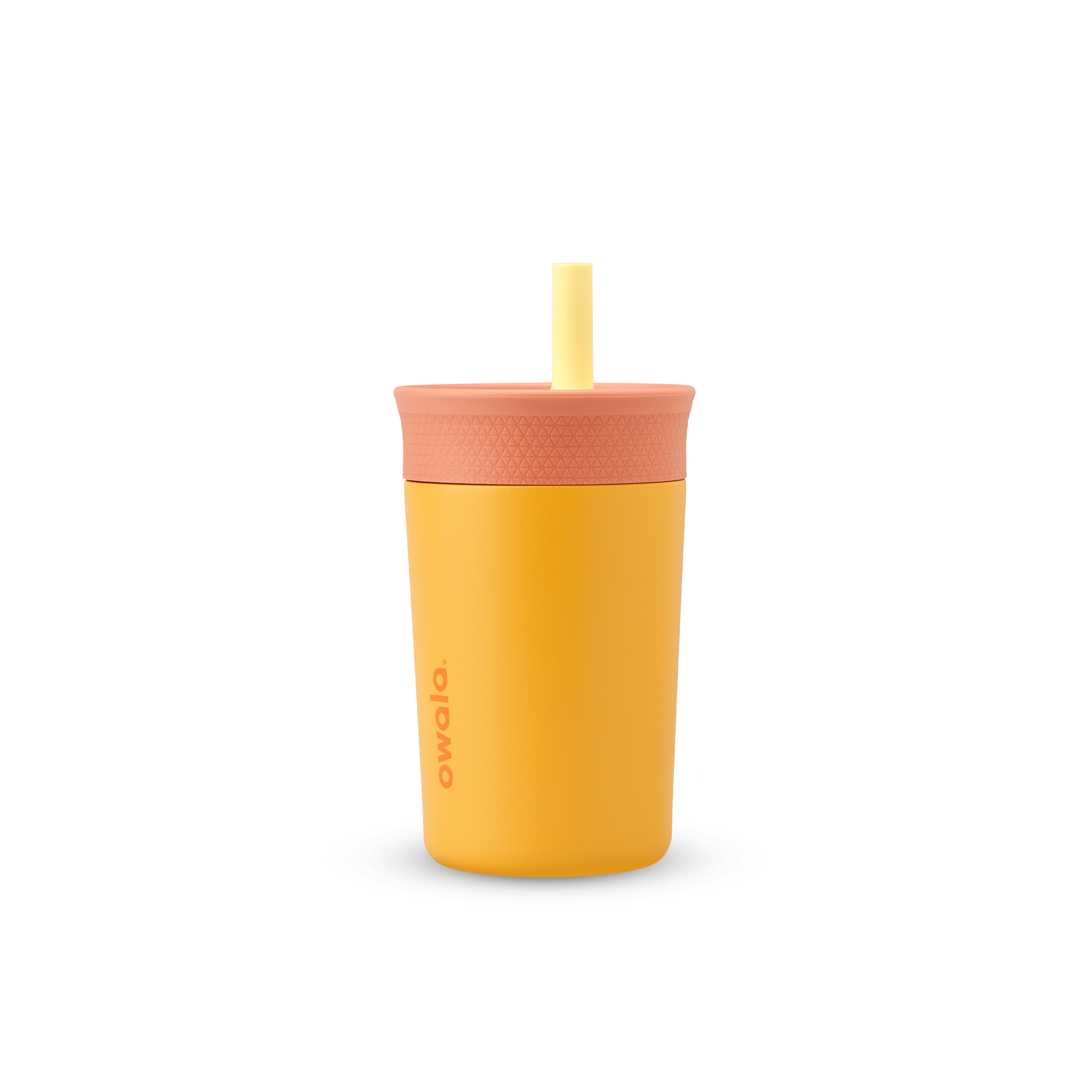 Kids' Tumbler 12oz in Picnic; mustard yellow insulated tumbler with peach lid and pale yellow straw, orange Owala logo on front