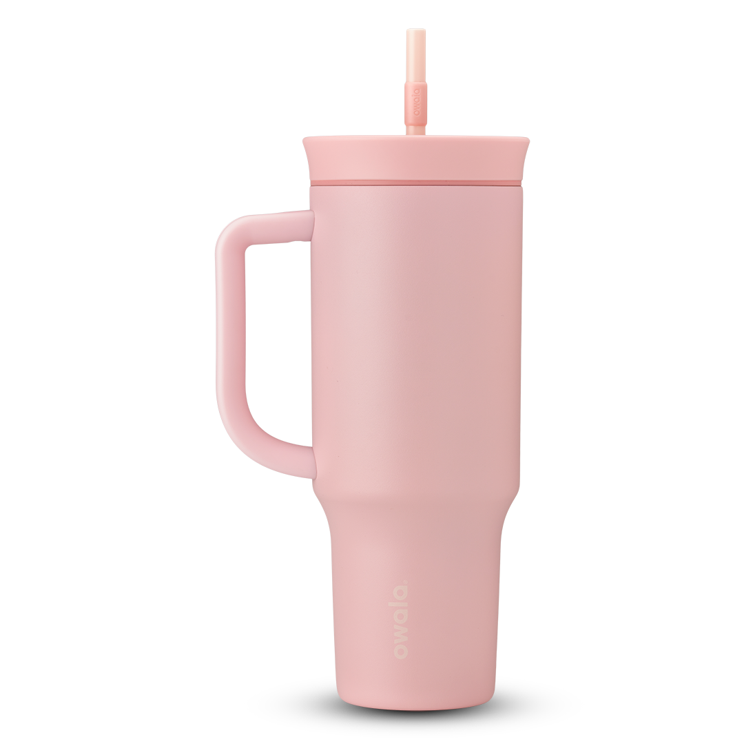 40oz Tumbler, soft blush pink tumbler with handle and straw lid; slightly different angle than primary image