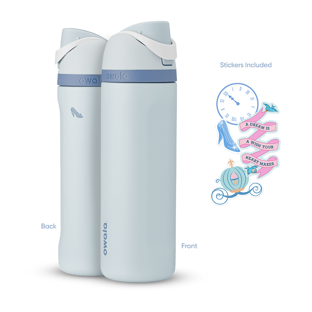 FreeSip 24oz in Cinderella, pale icy blue insulated bottle with matching flip cap, white carry loop, and periwinkle blue accent band, shown front and back with included clock, glass slipper, "A Dream Is a Wish Your Heart Makes" pink ribbon, and pumpkin carriage stickers