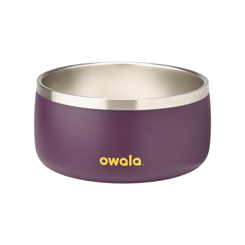 Pet Bowl 6-cup in Grapeful Fur You; matte deep purple cup exterior with stainless steel interior rim and yellow Owala logo on front