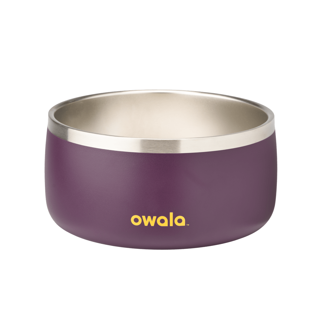 Pet Bowl 6-cup in Grapeful Fur You; matte deep purple cup exterior with stainless steel interior rim and yellow Owala logo on front