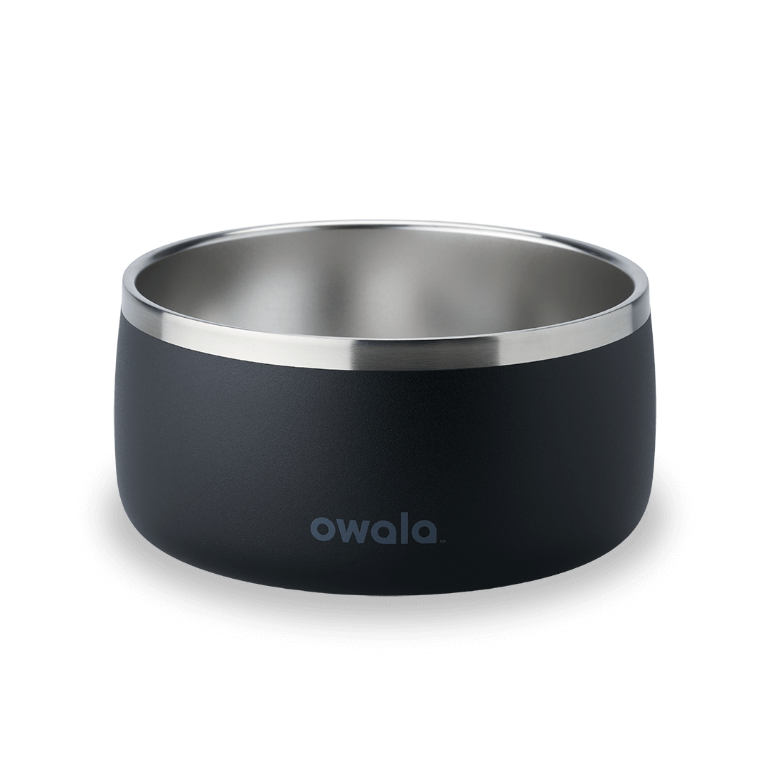 Pet Bowl 6-cup in Very Dark; matte black cup exterior with stainless steel interior rim and dark gray Owala logo on front