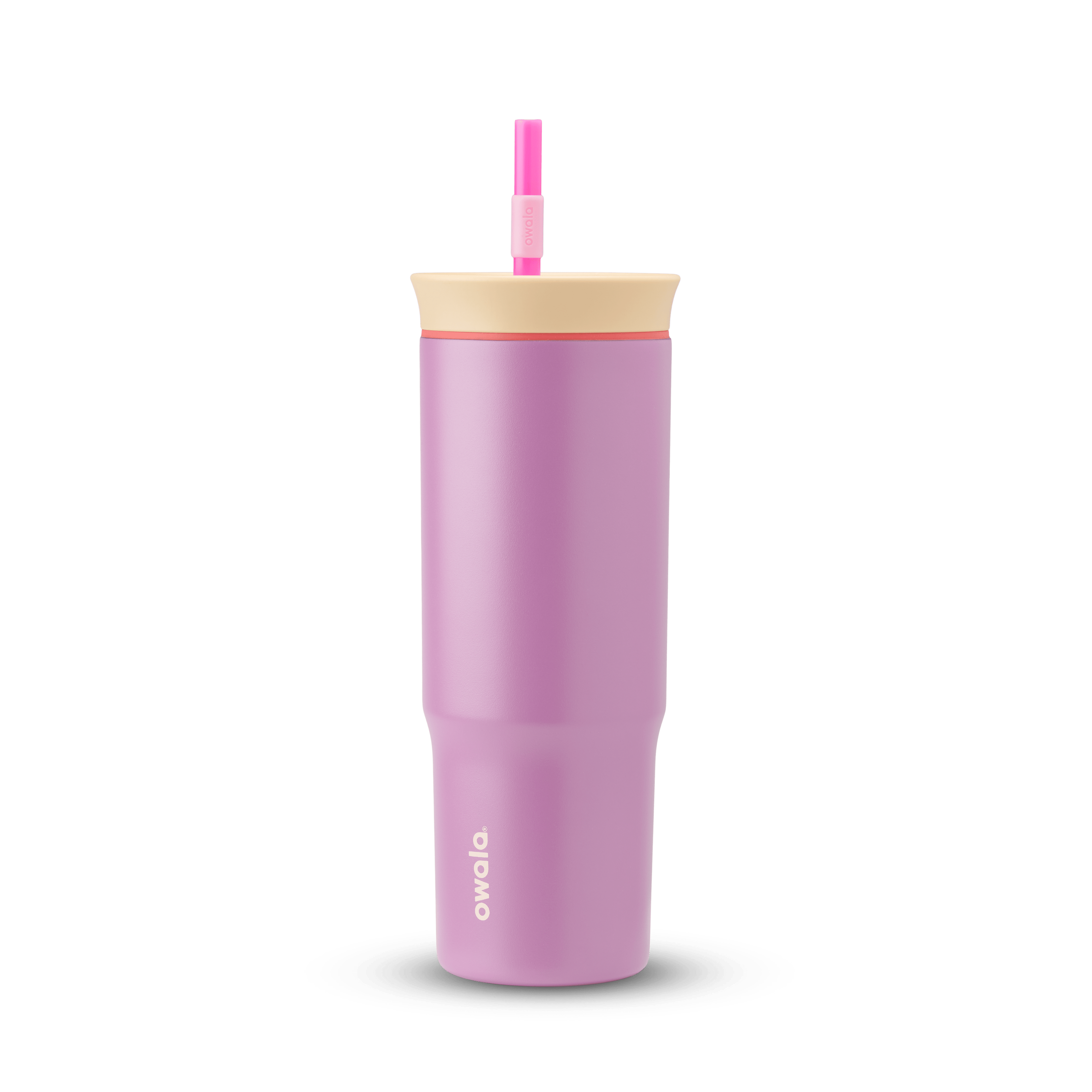 24oz Tumbler in Smell the Roses; matte lavender-pink insulated tumbler with cream lid, coral-red accent ring, and hot pink straw with light pink grip, Owala wordmark on front