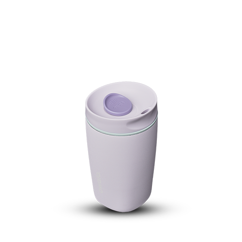 SmoothSip Slider 12oz in Open Air, a compact pale lavender-gray insulated tumbler with slider button slide lid