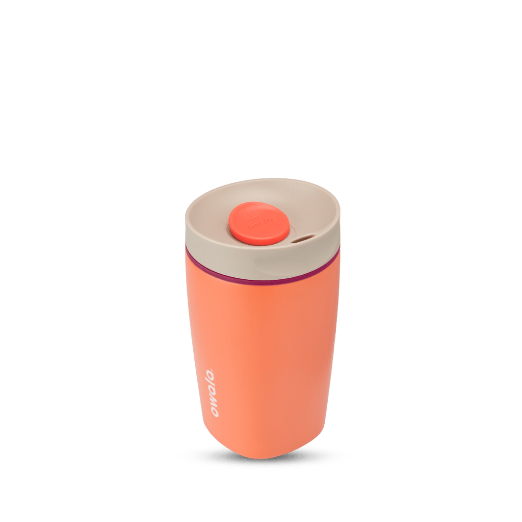 SmoothSip Slider 12oz in Campfire Nights, coral orange body with cream lid, red-orange slider button, magenta accent ring, and white Owala logo