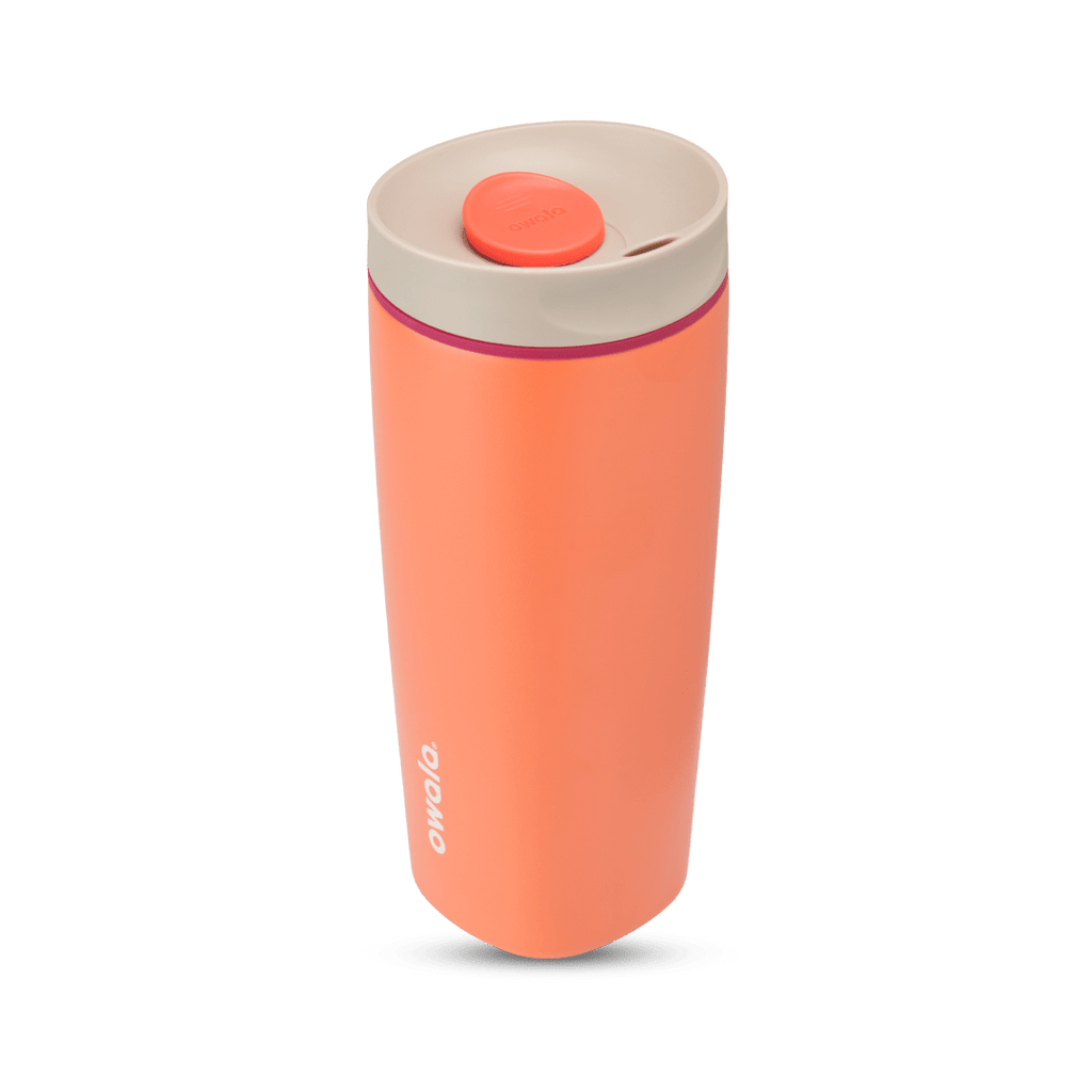 SmoothSip Slider 20oz in Campfire Nights, coral orange body with cream lid, red-orange slider button, magenta accent ring, and white Owala logo