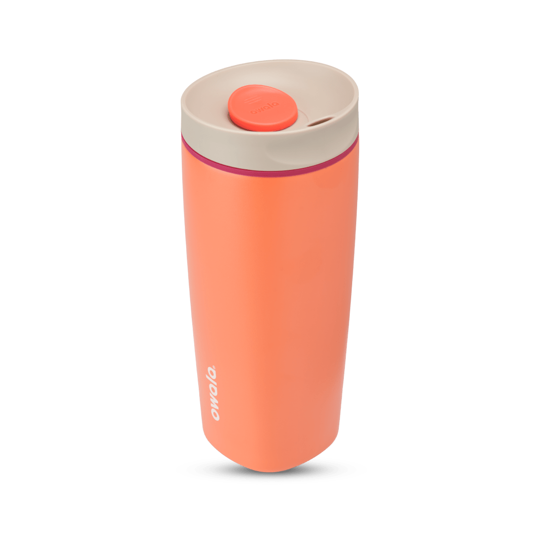 SmoothSip Slider 20oz in Campfire Nights, coral orange body with cream lid, red-orange slider button, magenta accent ring, and white Owala logo