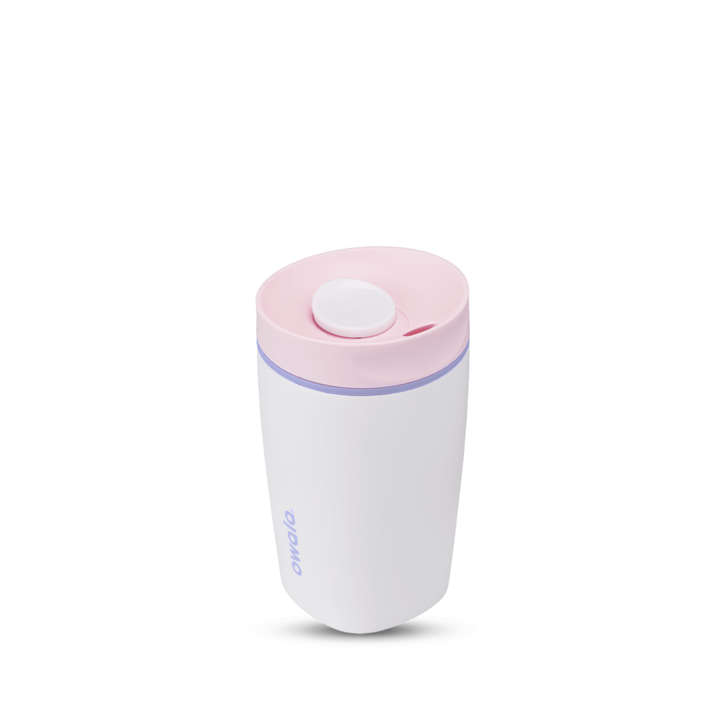 SmoothSip Slider 12oz in Candy Coated, white body with light pink lid, white slider button, lavender accent ring, and lilac purple Owala logo