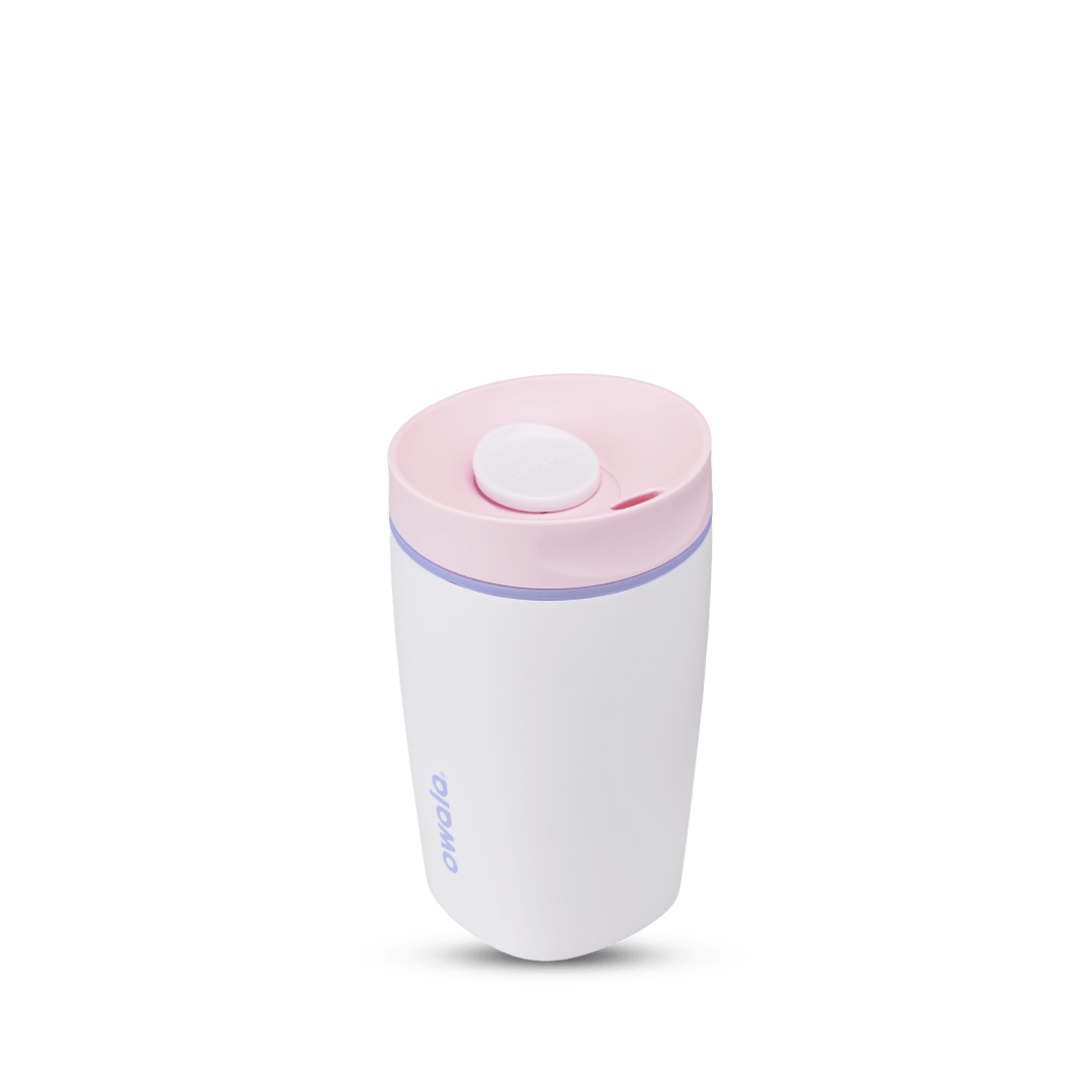 SmoothSip Slider 12oz in Candy Coated, white body with light pink lid, white slider button, lavender accent ring, and lilac purple Owala logo