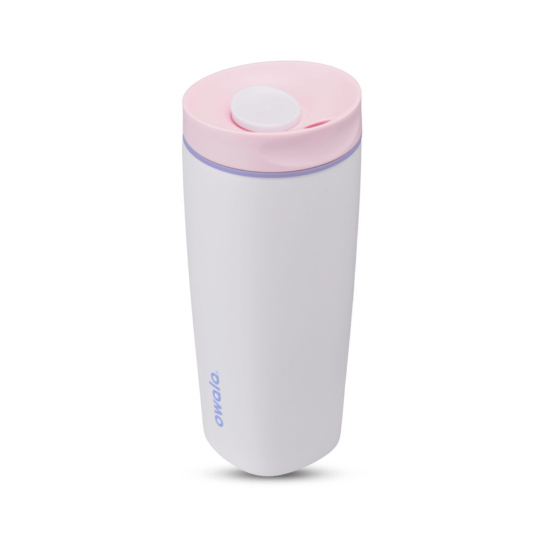 SmoothSip Slider 20oz in Candy Coated, white body with light pink lid, white slider button, lavender accent ring, and lilac purple Owala logo