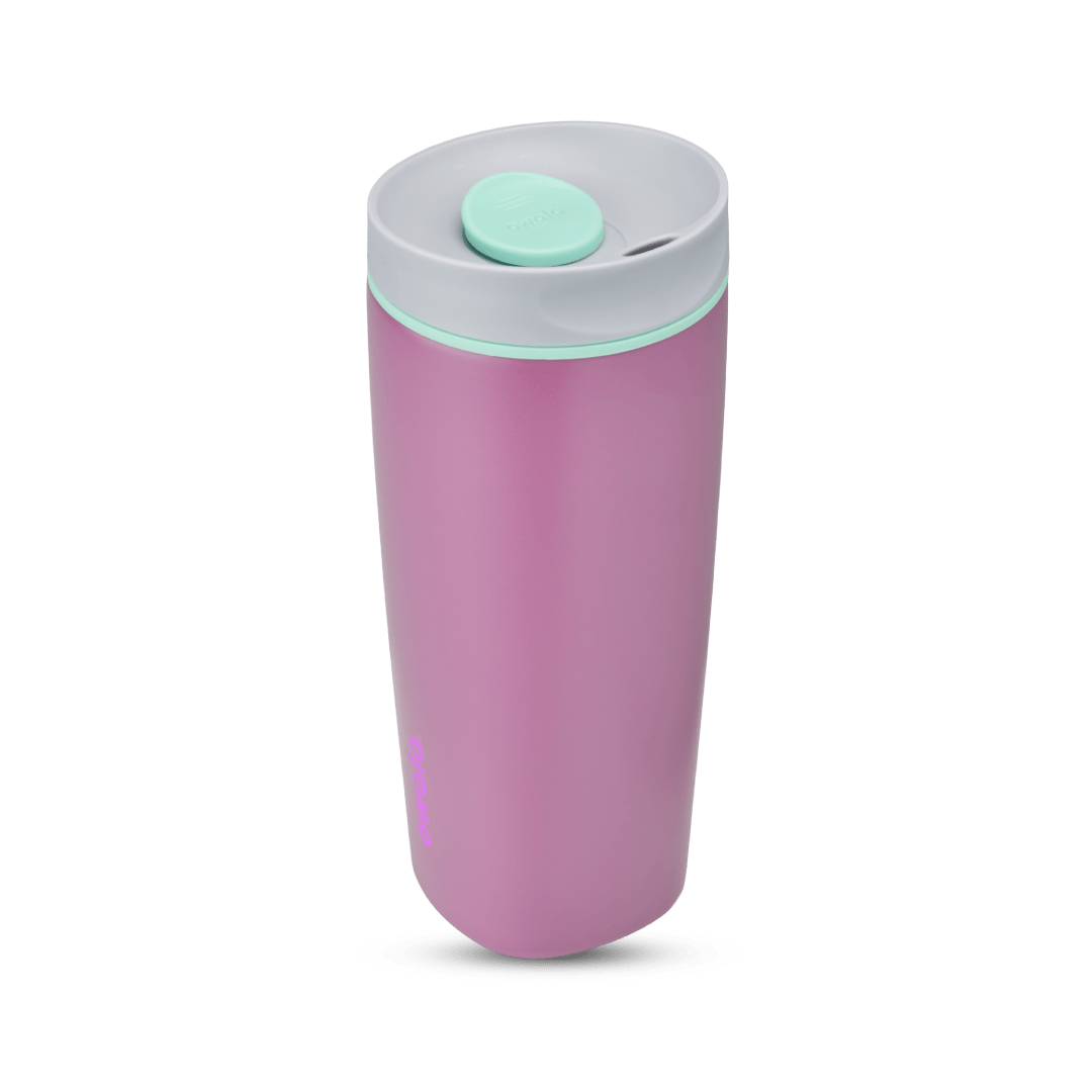 SmoothSip Slider 20oz in Plum Perfect, mauve purple body with light gray lid, mint green slider button, mint green accent ring, and magenta Owala logo