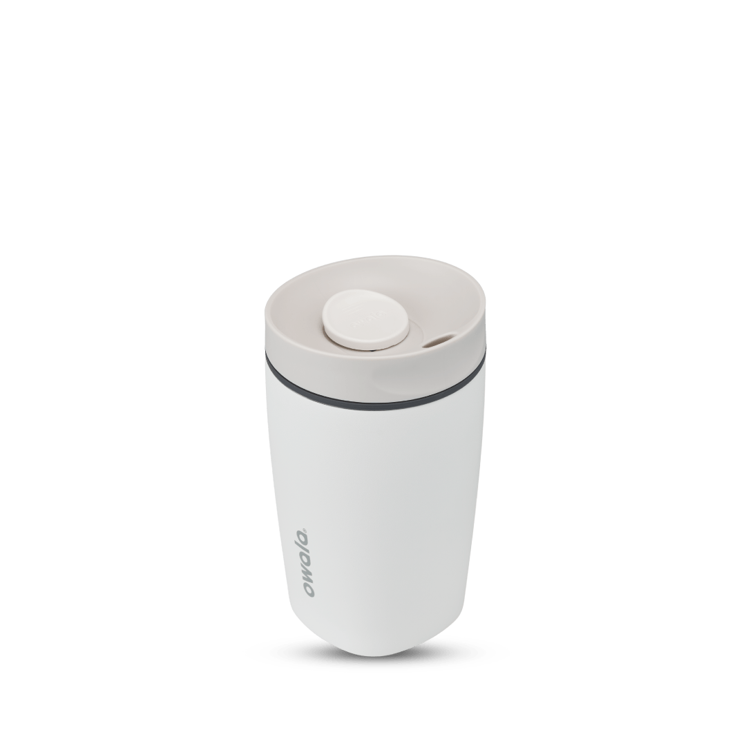 SmoothSip Slider 12oz in Shy Marshmallow, white body with off-white lid, white slider button, dark gray accent ring, and gray Owala logo