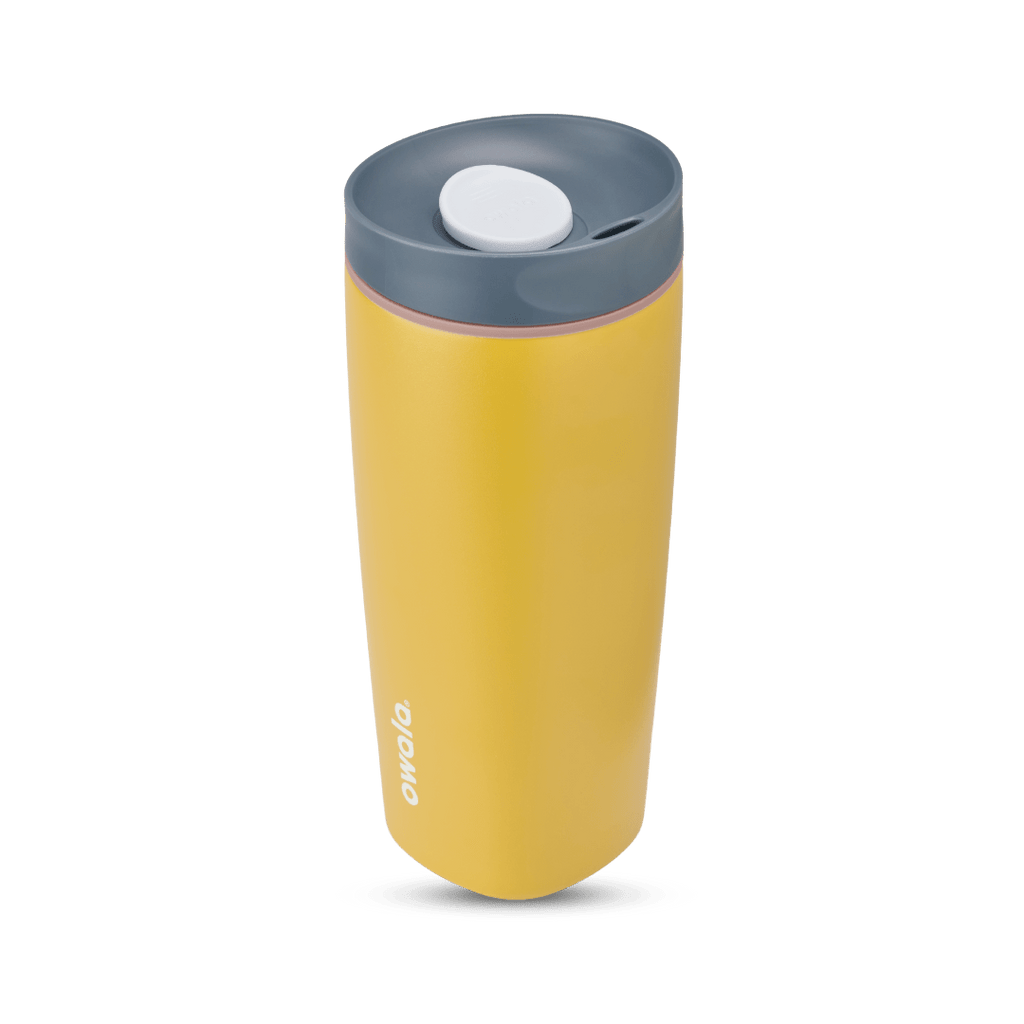 SmoothSip Slider 20oz in Golden Quest, golden yellow body with dark gray lid, white slider button, pale pink accent ring, and white Owala logo