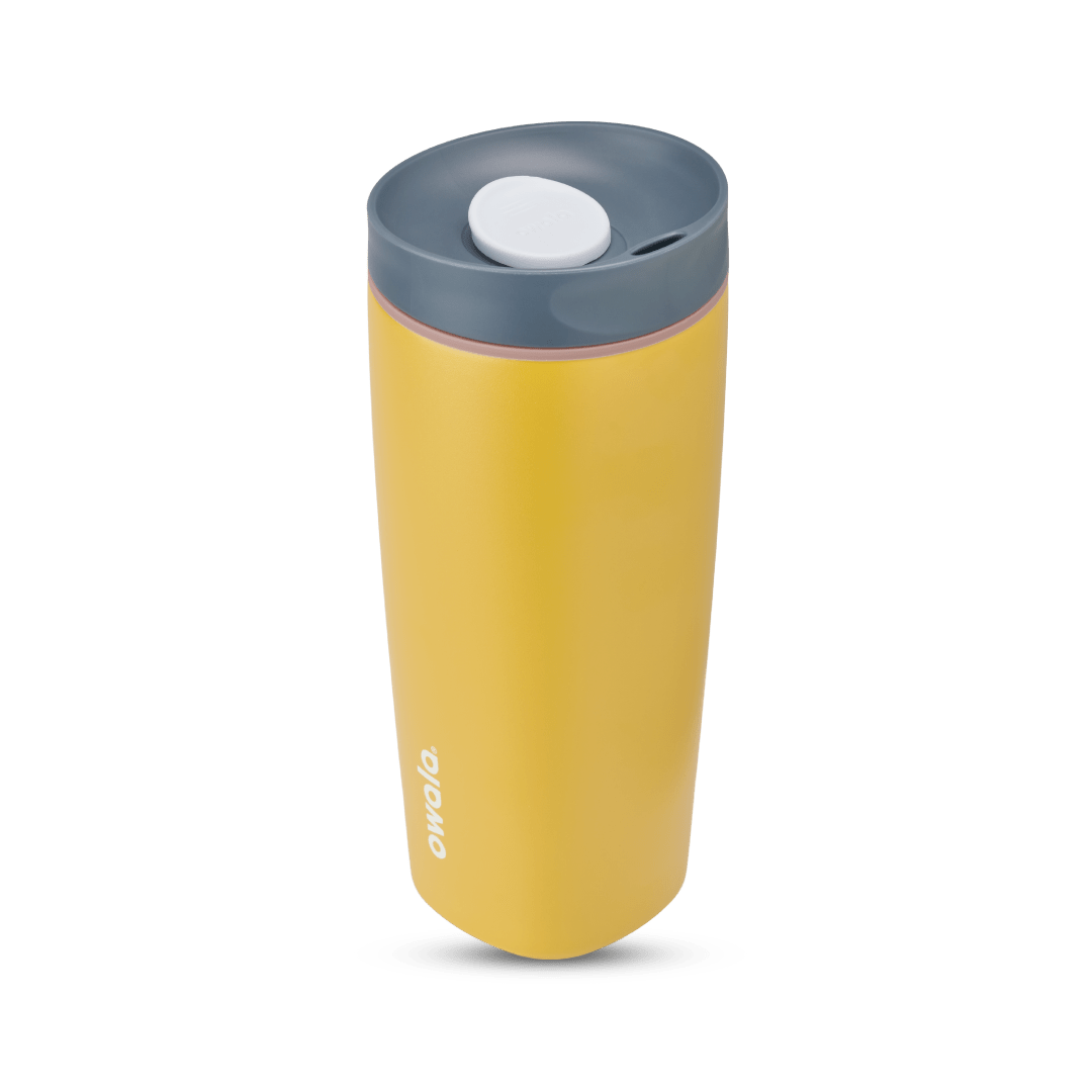 SmoothSip Slider 20oz in Golden Quest, golden yellow body with dark gray lid, white slider button, pale pink accent ring, and white Owala logo
