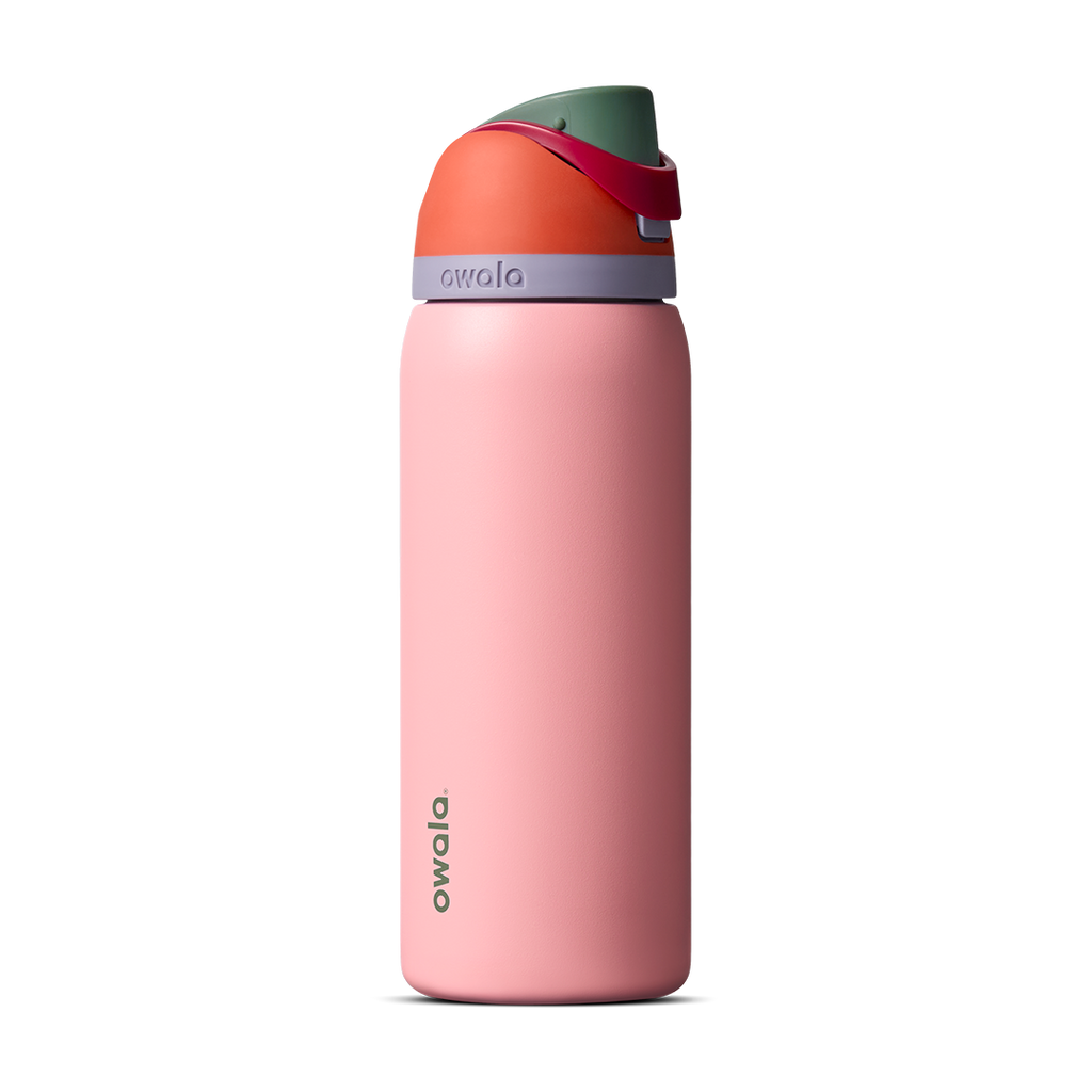 FreeSip 32oz in Sugar High, coral pink insulated bottle with rust orange flip cap and forest green accent band