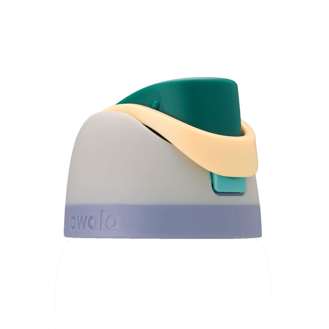 Owala FreeSip replacement lid in Sunny Daze, light gray body with dark teal green flip cap, pale yellow carry loop, and lavender base accent band