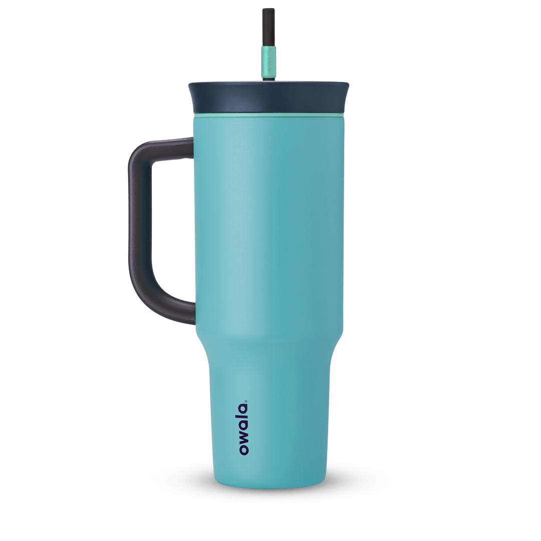 40oz Tumbler in Splash Zone, bright teal insulated tumbler with charcoal handle, deep navy lid, and dark grey straw with mint green grip