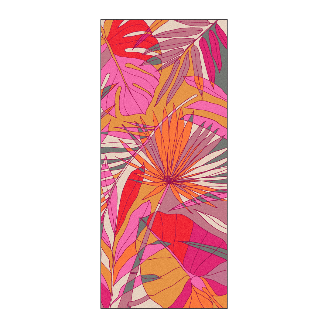 Owala Beach Towel in Tropic Like It's Hot; vibrant pink, orange, and red tropical leaf print