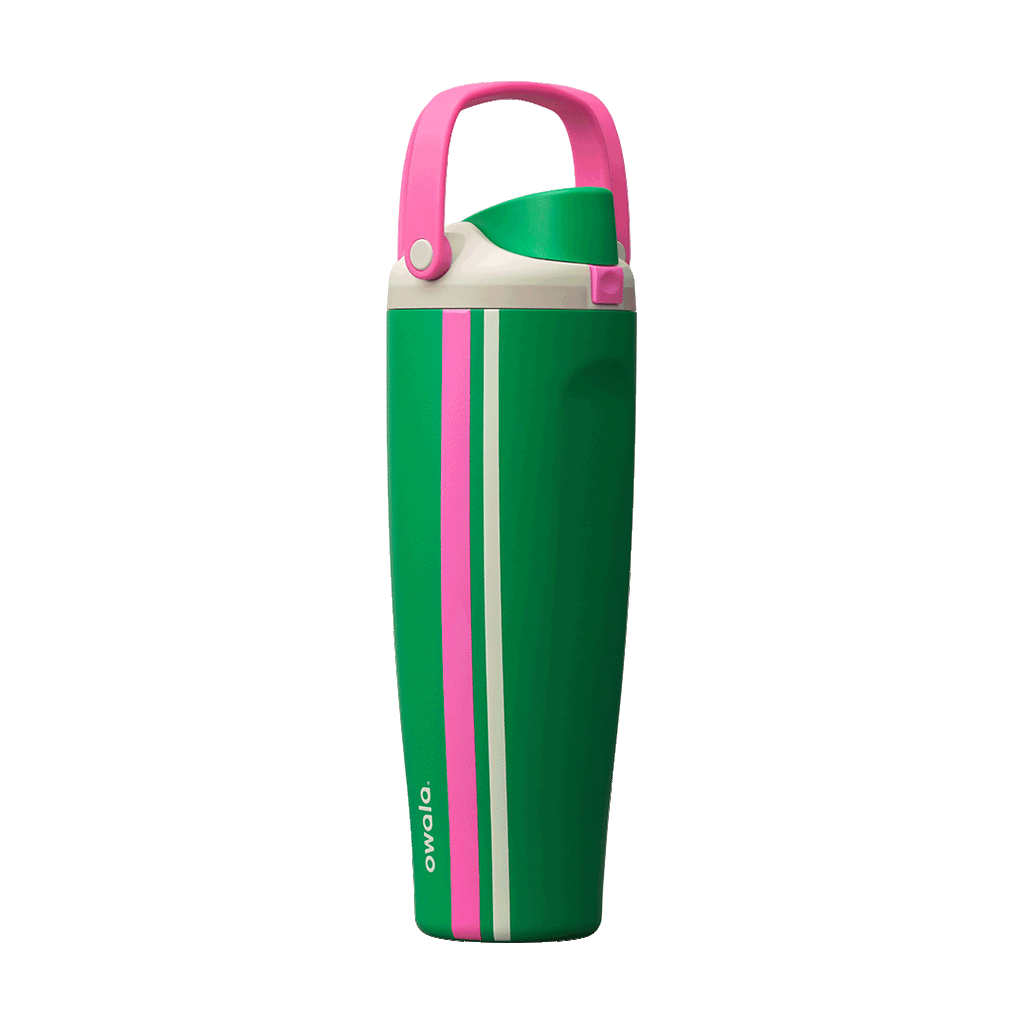 Owala Birthday Bash 40oz FreeSip Sway Vacation Mode; bold kelly green body with vertical white and pink racing stripes, bright pink flip cap and pink carry loop