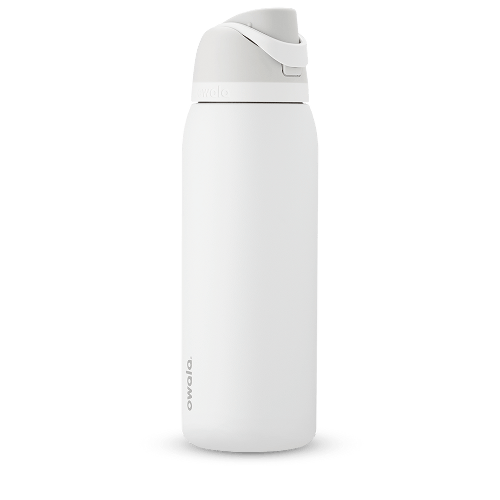 FreeSip 40oz water bottle, bright white body with white flip cap and carry loop