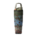 FreeSip Sway 40oz Off the Hook; rotating view of body covered in a dense fish-scale mosaic pattern blending olive green, sky blue, and orange-red speckled scales, with sage green flip cap, olive carry loop, and red push-button