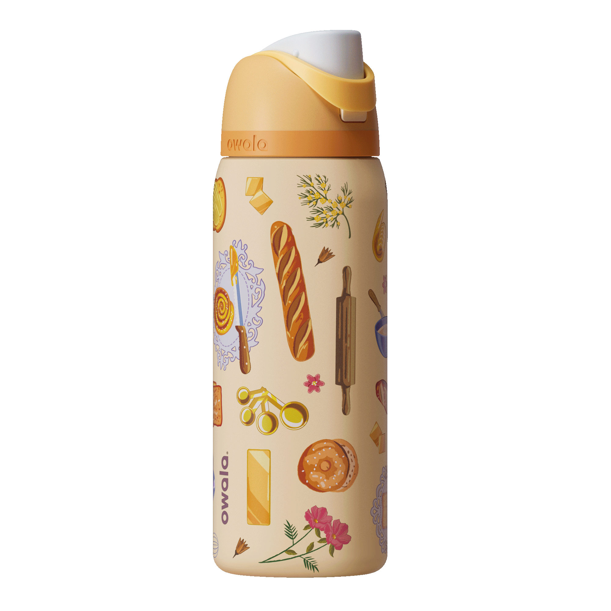 FreeSip 32oz Brunch Bunch; rotating view of warm cream body covered in illustrated brunch food graphics including baguettes, pastries, croissants, eggs, rolling pins, and floral sprigs, with golden yellow flip cap, cream carry loop, and orange lid accent band