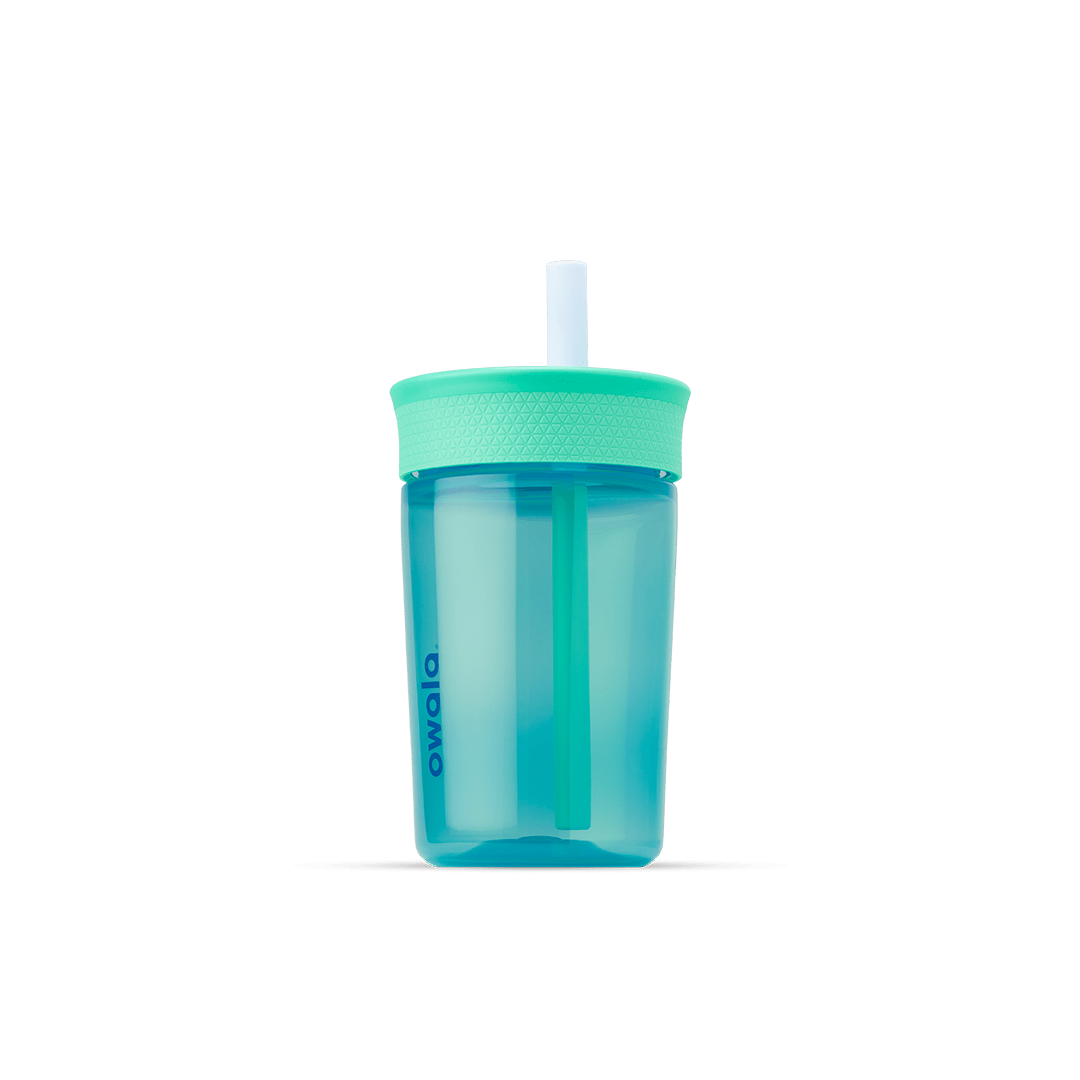 Kids' Tumbler 15oz in Blue Lagoon; translucent teal plastic body with mint green lid and white straw with teal inner straw, blue Owala logo on front